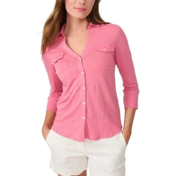 J. McLaughlin Brynn Pink Linen Blend 3/4 Sleeve Button Up Shirt with Pockets - Picture 1 of 9